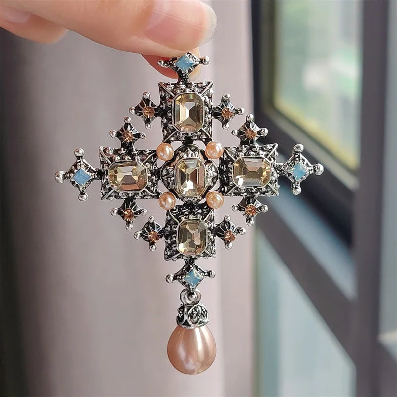 Baroque Cross Statement Brooch with Ornate Pendant Detail