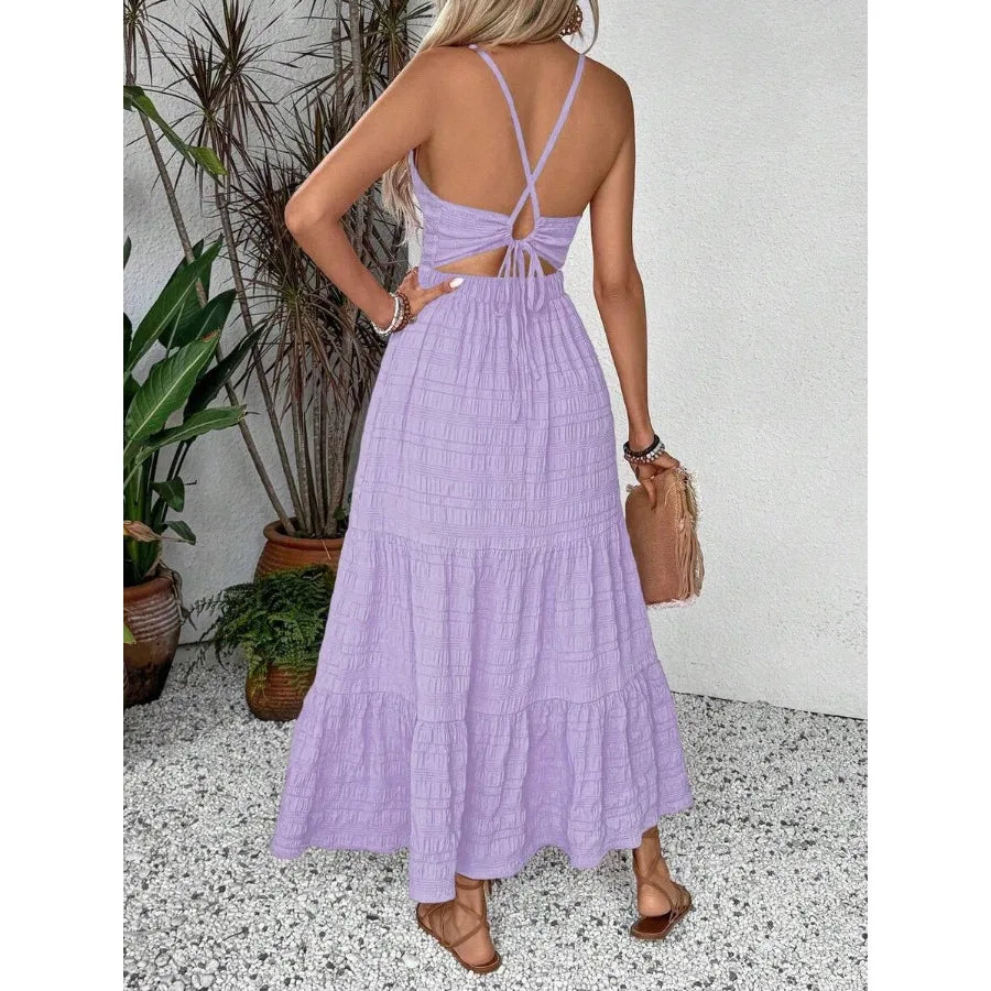 Textured Back Strap Tiered Maxi Dress with Flowy Frill Hem Design