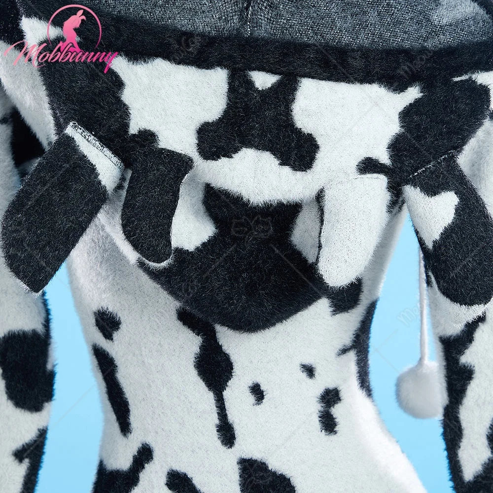 Women's Hooded Plush Zip-Up Bodysuit Romper with Animal Print Pattern and Soft Texture