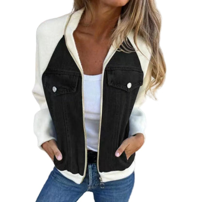 Women's Patchwork Denim Contrast Sleeve Button-Up Casual Streetwear Jacket