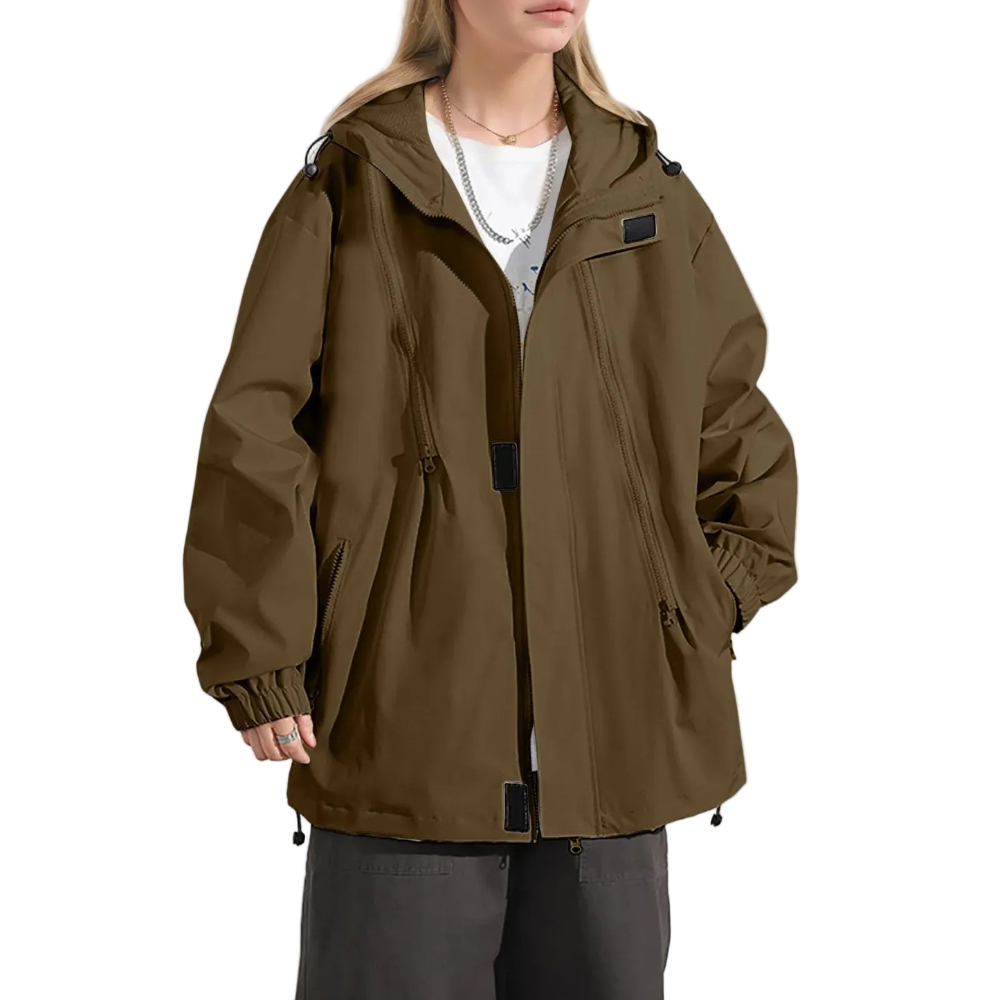 Women's Lightweight Hooded Windbreaker Jacket with Relaxed Utility Streetwear Layering Style