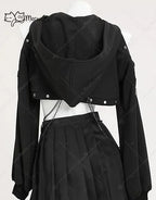 Women's Gothic Cropped Hooded Sweatshirt with Chain Details and Long Sleeve Streetwear Design