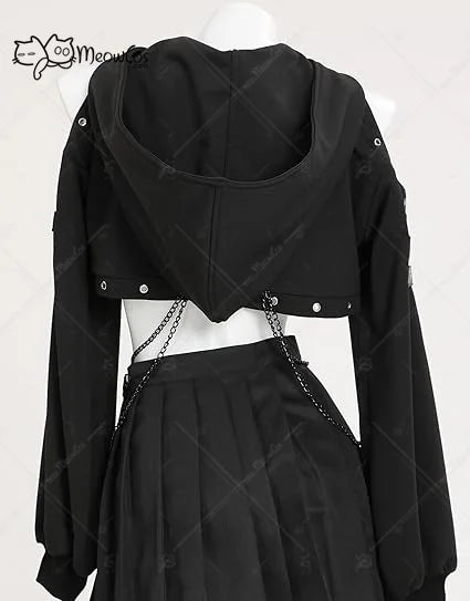 Women's Gothic Cropped Hooded Sweatshirt with Chain Details and Long Sleeve Streetwear Design