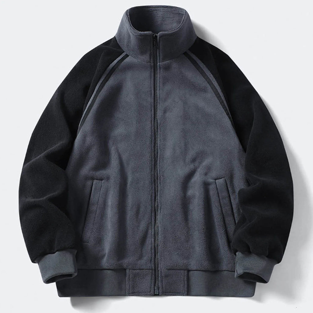 Men's Stand Collar Full Zip Fleece Jacket with Utility Pockets for Modern Streetwear Style