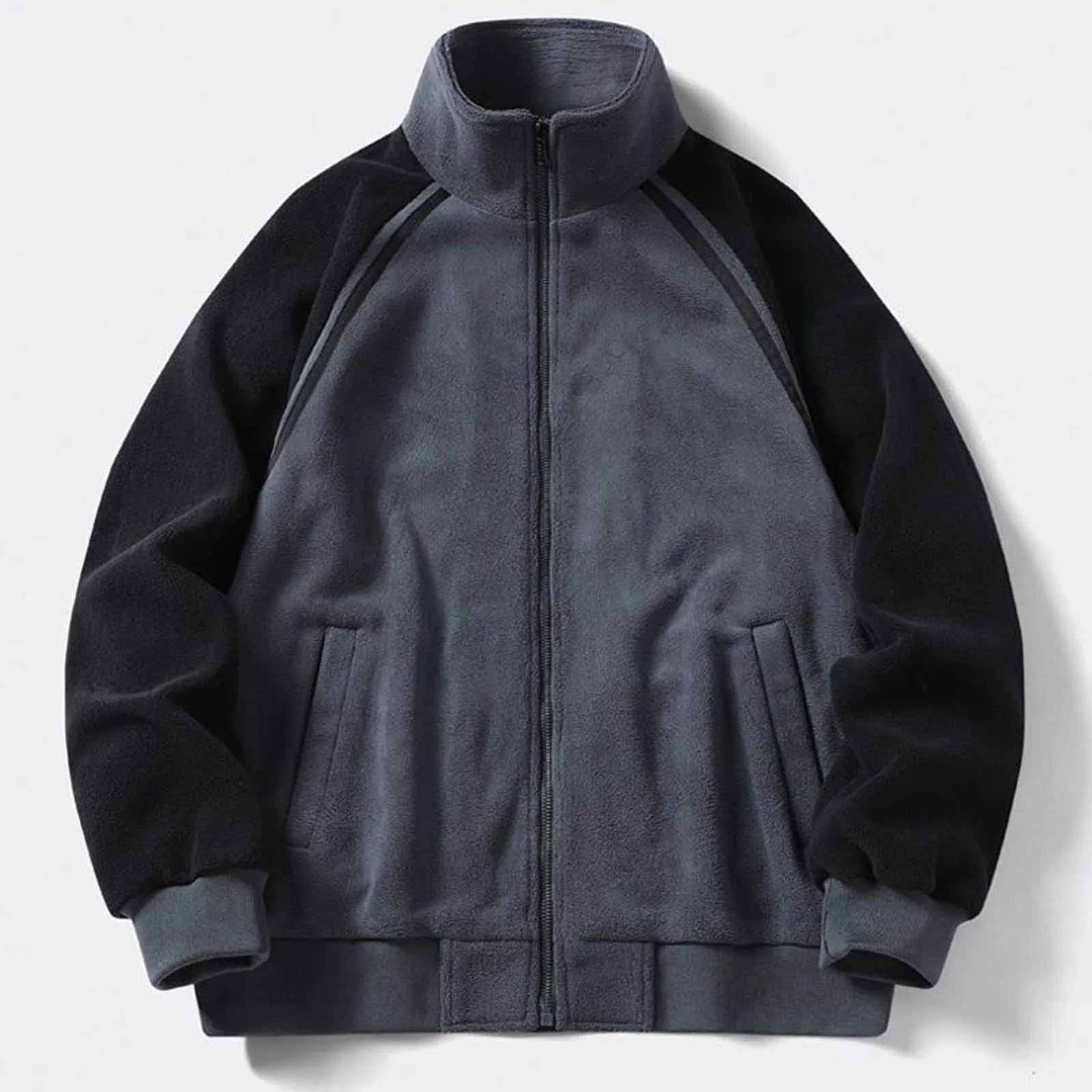 Men's Stand Collar Full Zip Fleece Jacket with Utility Pockets for Modern Streetwear Style