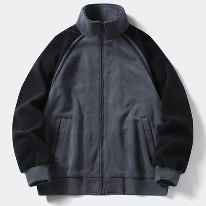 Men's Stand Collar Full Zip Fleece Jacket with Utility Pockets for Modern Streetwear Style