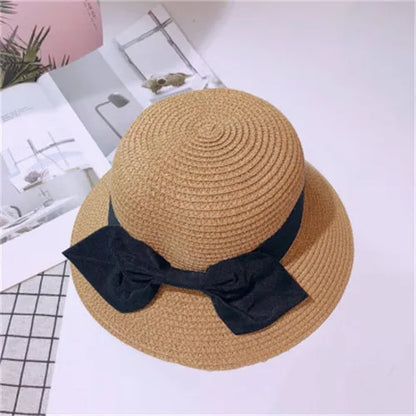 Women's Woven Straw Bucket Sun Hat with Decorative Bow for Casual Summer Outdoor Style