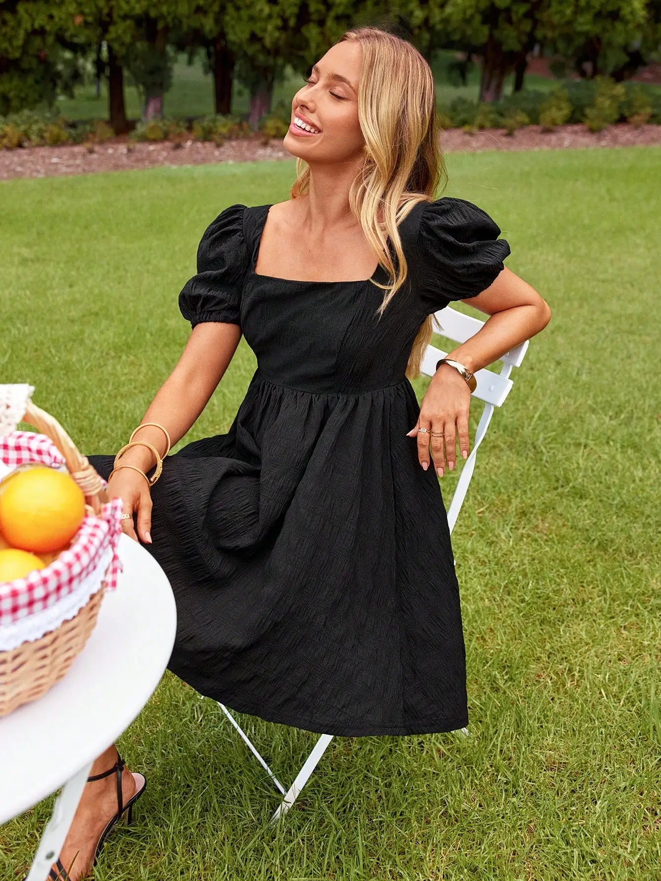 Square Neck Puff Sleeve Smocked Mini Dress with Relaxed A-Line Fit