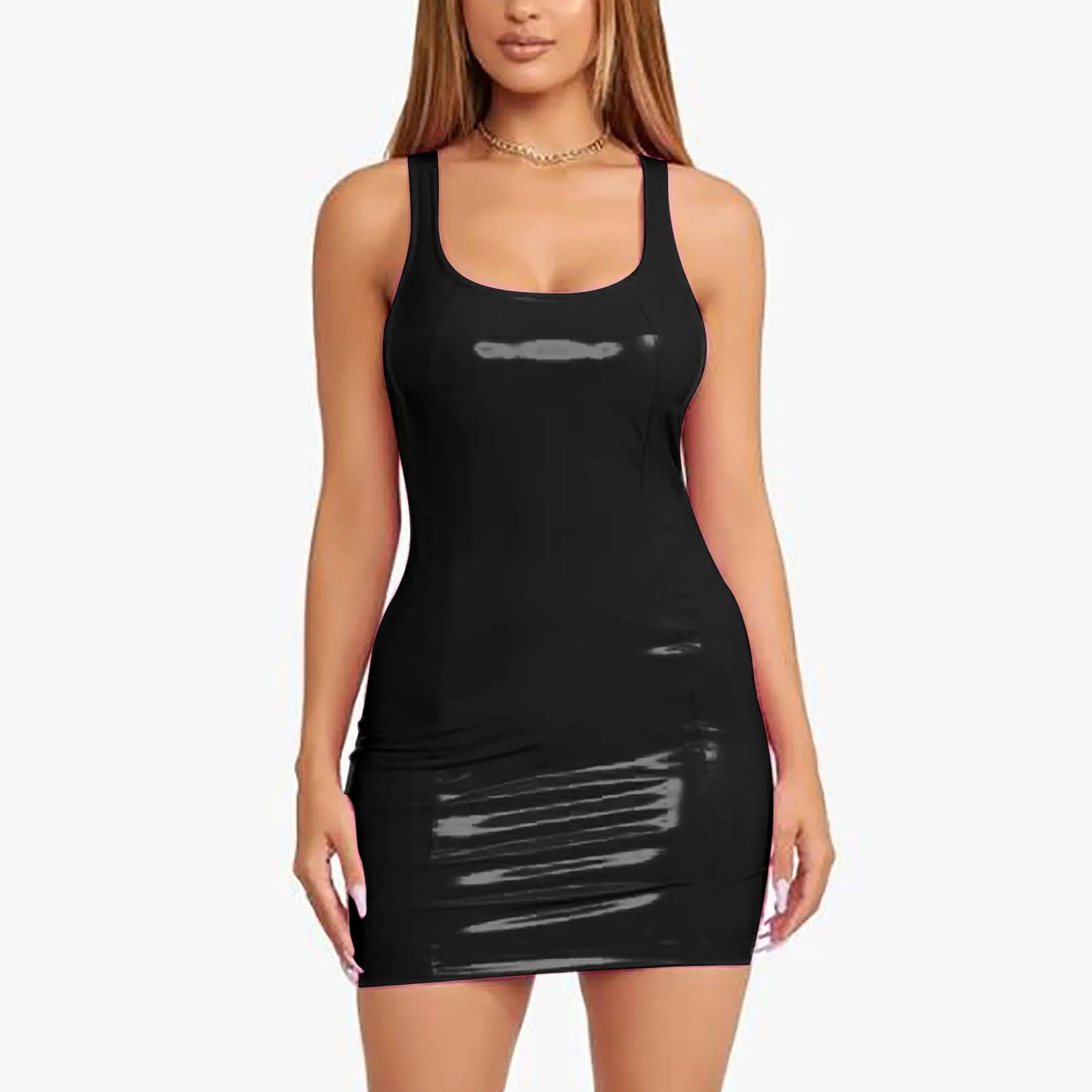 Glossy Faux Leather Bodycon Mini Dress with Sleeveless Zip Front Design