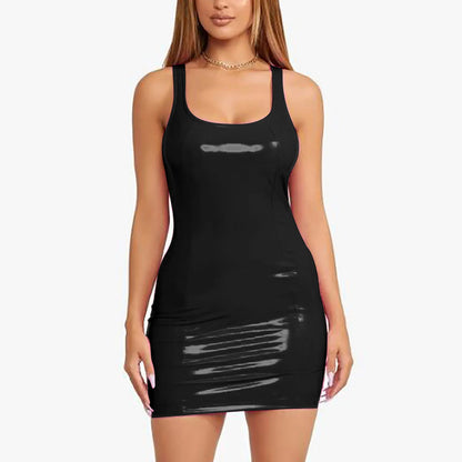 Glossy Faux Leather Bodycon Mini Dress with Sleeveless Zip Front Design