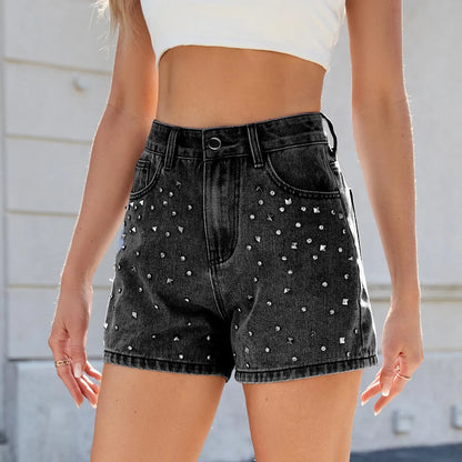 Women's High Waist Denim Style Shorts with Decorative Stud Details and Everyday Casual Fit