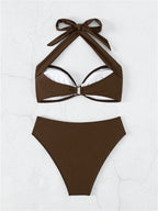 Solid Espresso Brown Halter Bandeau Bikini with Twisted Center Detail