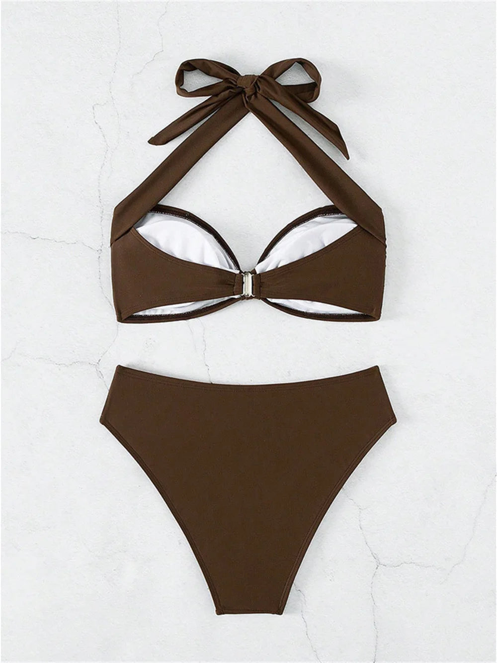 Solid Espresso Brown Halter Bandeau Bikini with Twisted Center Detail
