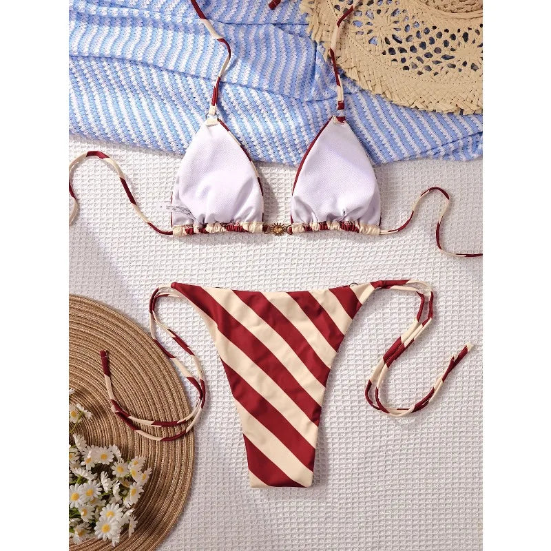Crimson and Cream Diagonal Stripe Triangle String Bikini