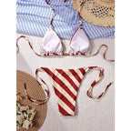 Crimson and Cream Diagonal Stripe Triangle String Bikini