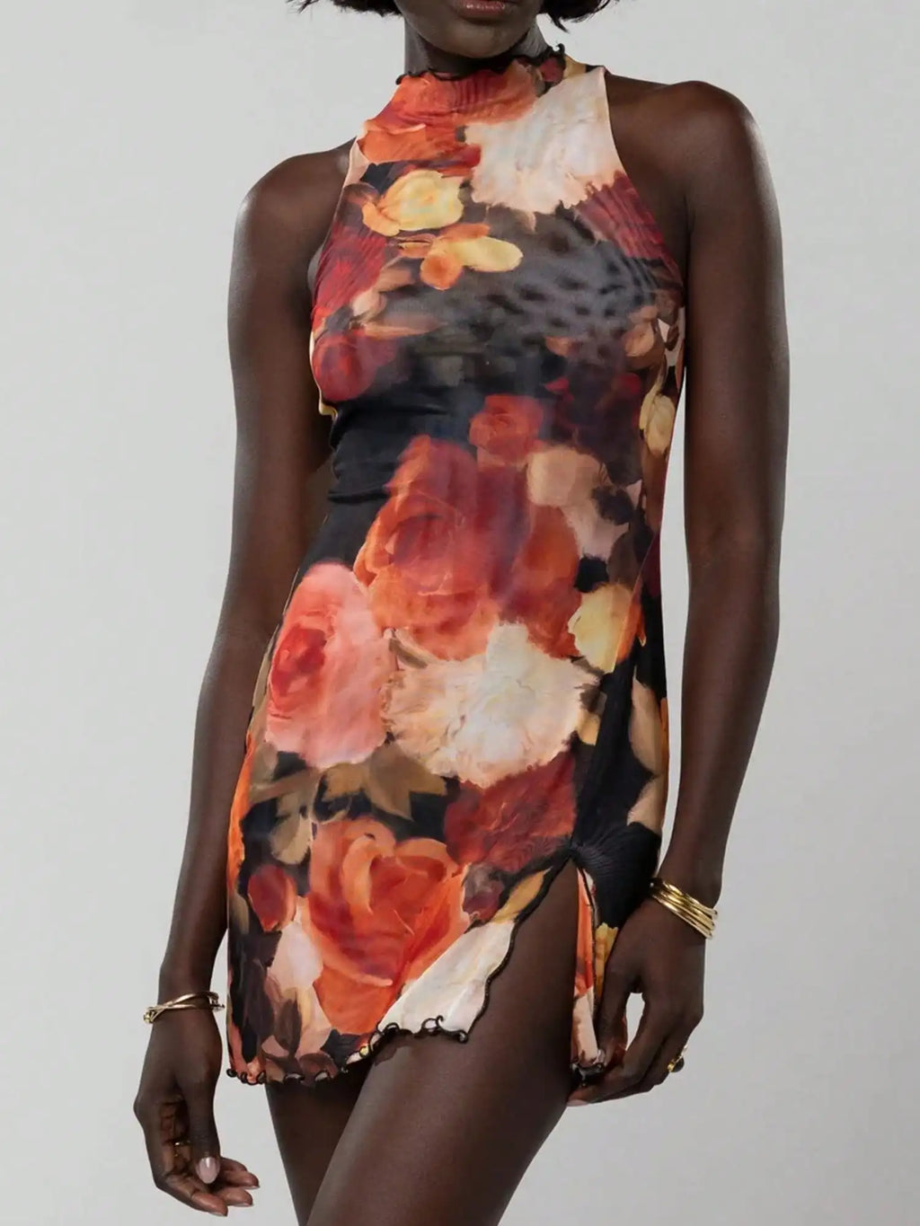 High Neck Sleeveless Bodycon Mini Dress with Patterned Texture and Side Slit