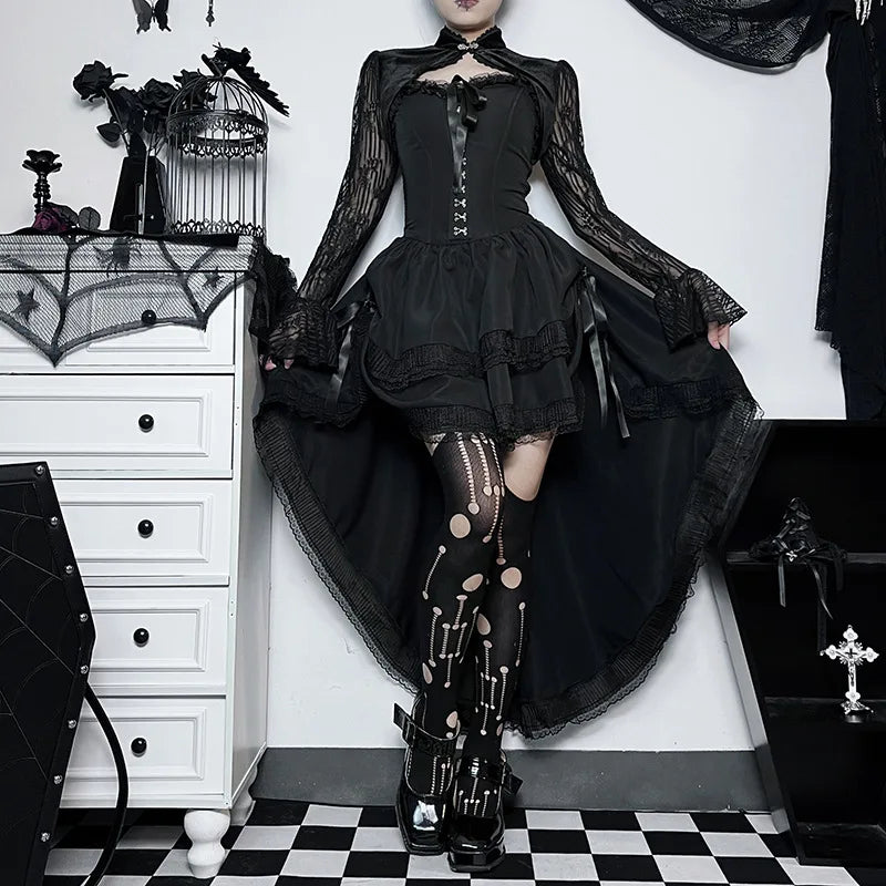 Layered Gothic Mini Dress with Mesh Sleeves and Alternative Fashion Details