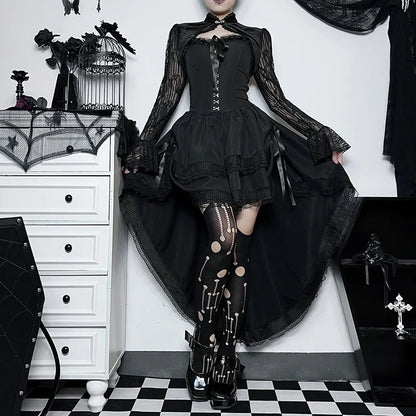 Layered Gothic Mini Dress with Mesh Sleeves and Alternative Fashion Details