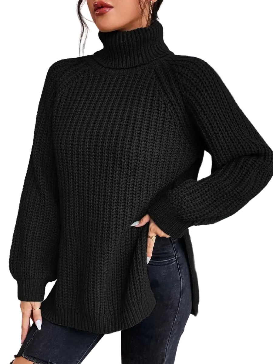 Women's Oversized Turtleneck Knit Sweater with Raglan Sleeves and Relaxed Silhouette