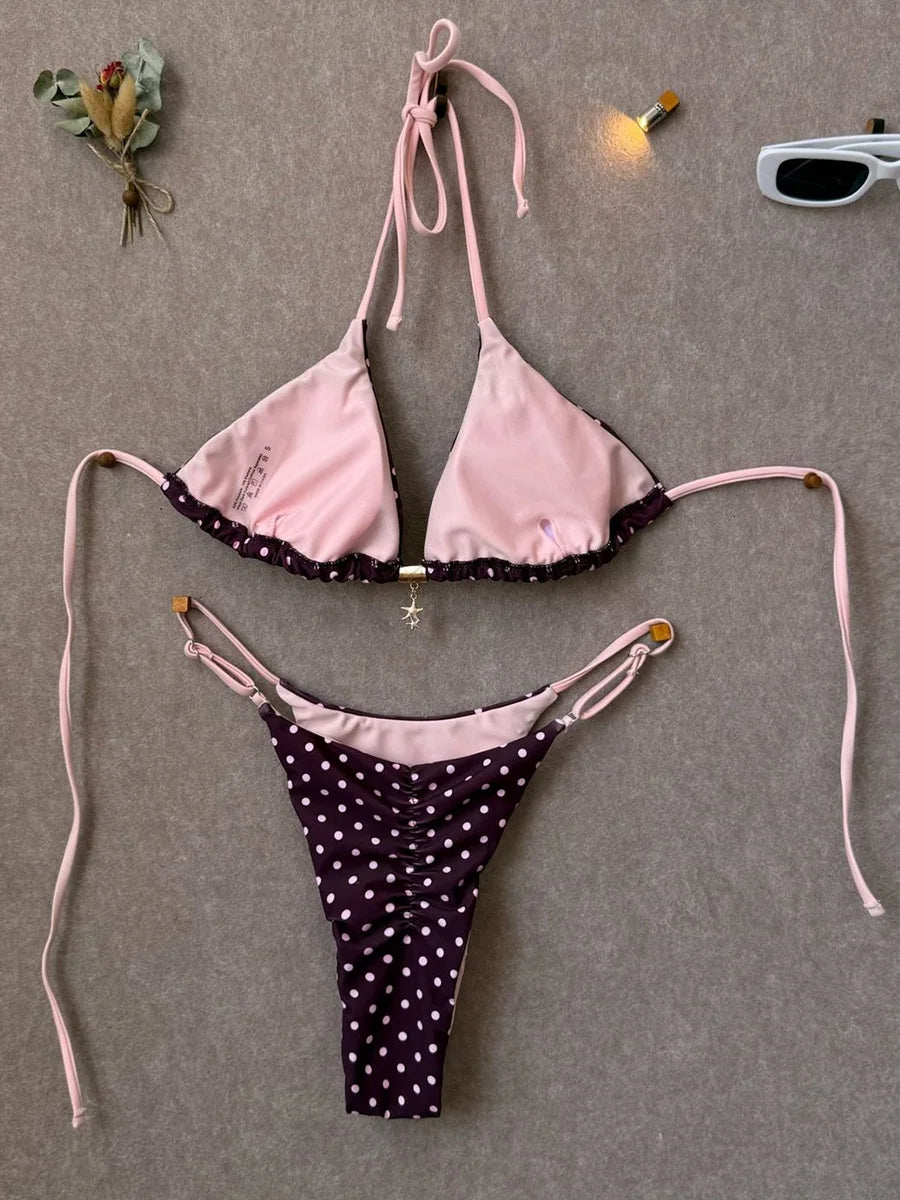 Retro Polka Dot Triangle String Bikini with Contrast Pink Straps