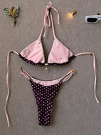 Retro Polka Dot Triangle String Bikini with Contrast Pink Straps