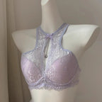 Crisp White Floral Lace High-Neck Halter Bralette and Panty Set