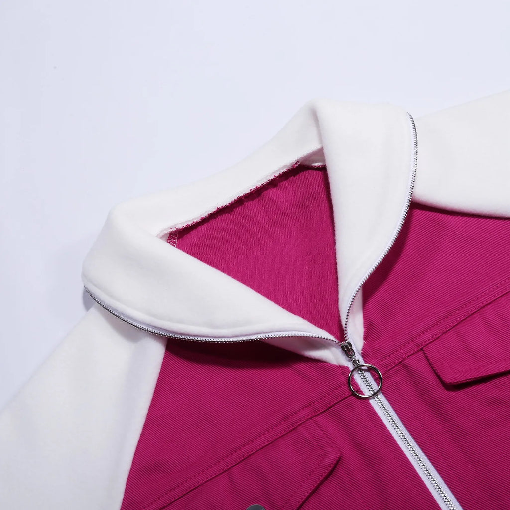 Women's Patchwork Denim Contrast Sleeve Button-Up Casual Streetwear Jacket