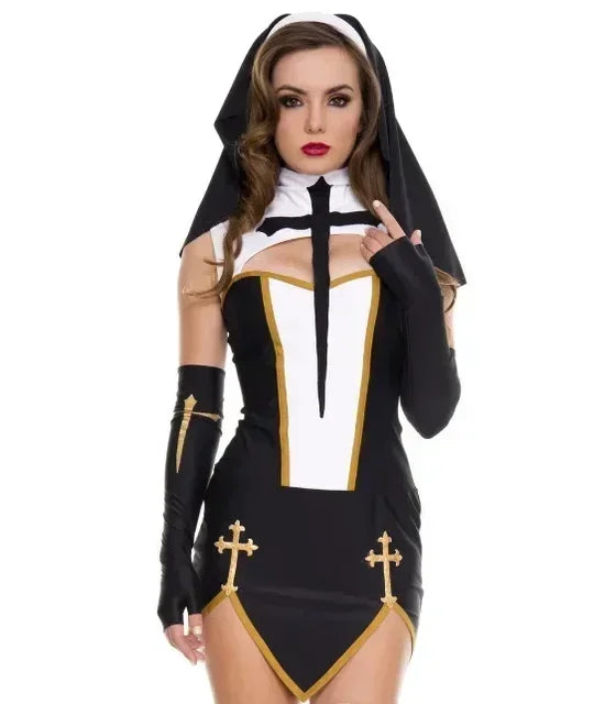 Theatrical Habit-Inspired Mini Dress with Striking Cross Embellishments and Coordinated Headpiece