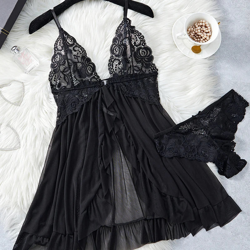 Black Floral Lace Underwire Chemise with Front Cutout and Strappy Hem Detailing