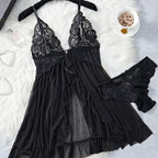 Black Floral Lace Underwire Chemise with Front Cutout and Strappy Hem Detailing