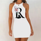 White Sleeveless Mini Nightgown with Bold Black Letter and Graphic Print, Slim Silhouette and Above-Knee Length