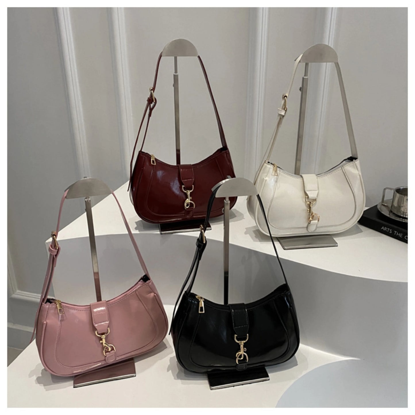 Minimalist Patent Leather Baguette Shoulder Bag with Everyday Compact Design