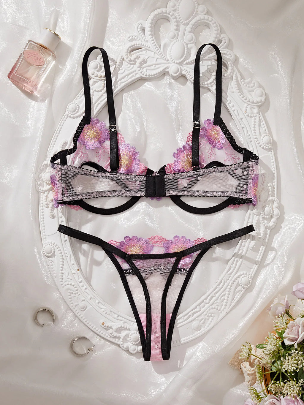 Playful Pink Floral Embroidery Cutout Underwire Bra and Thong Set
