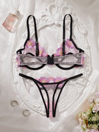Playful Pink Floral Embroidery Cutout Underwire Bra and Thong Set