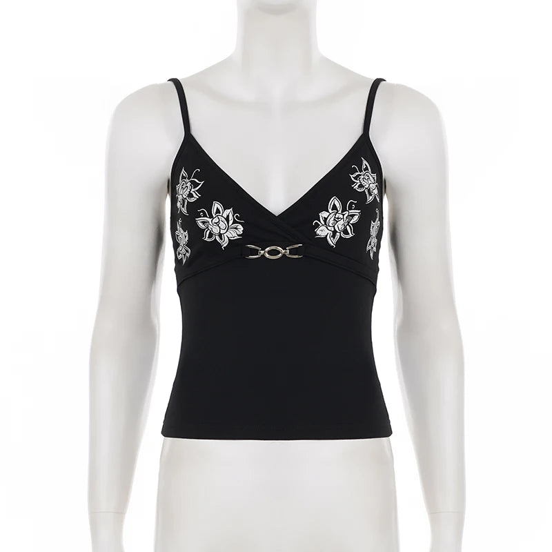 Graphic Embroidered V-Neck Camisole Tank Top with Slim Fit Streetwear Design