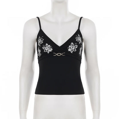 Graphic Embroidered V-Neck Camisole Tank Top with Slim Fit Streetwear Design
