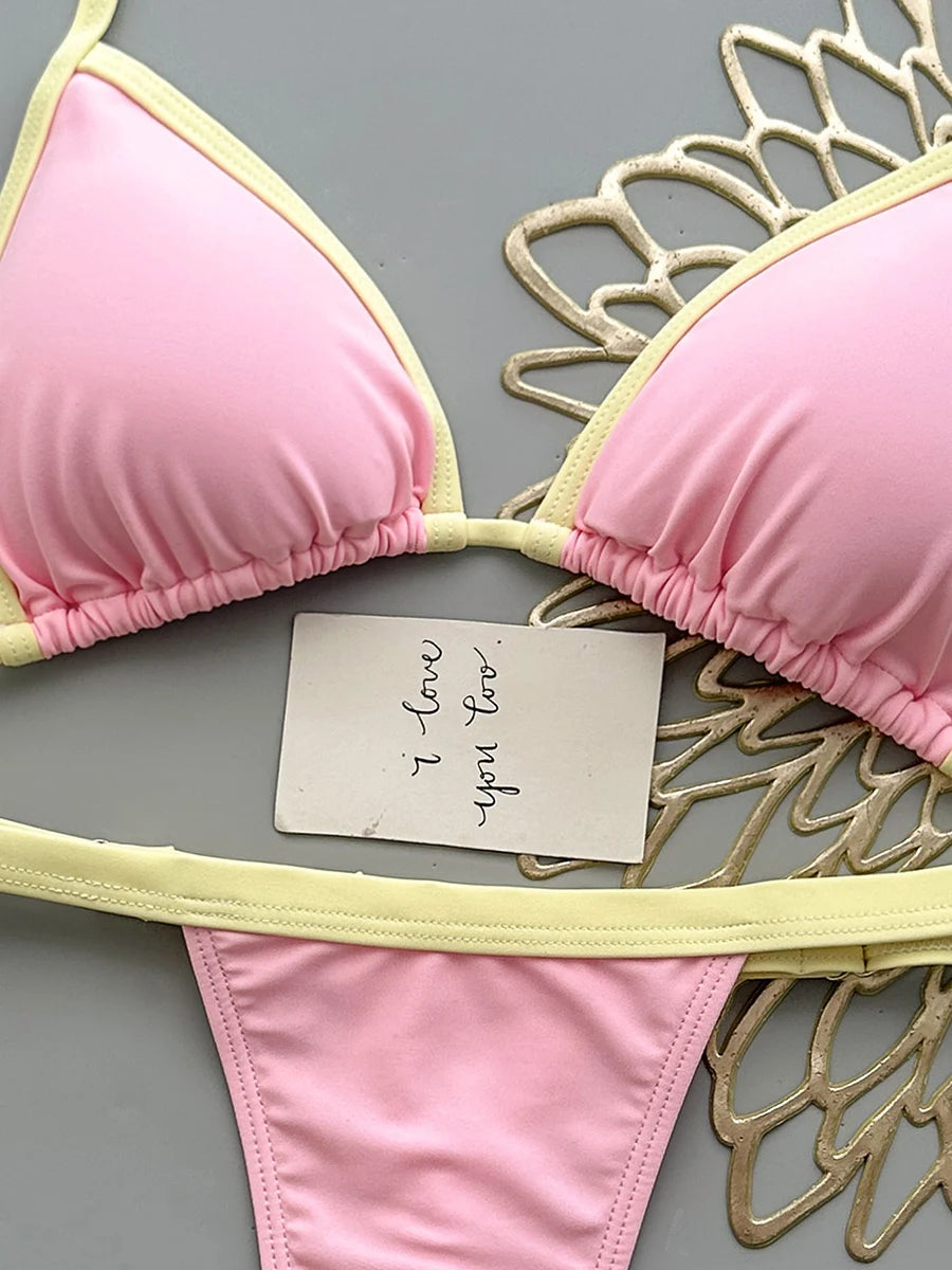Pastel Pink Triangle String Bikini with Lemon Yellow Contrast Trim