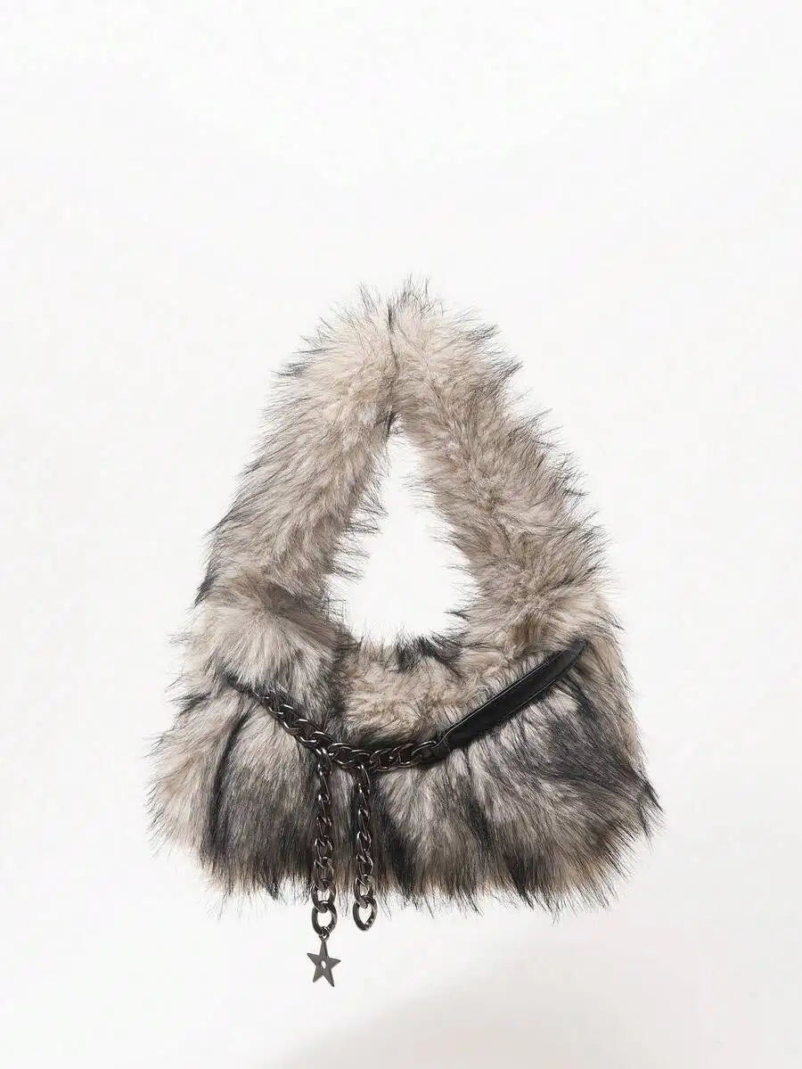 Faux Fur Hobo Shoulder Bag with Chain Detail Y2K Inspired Styling