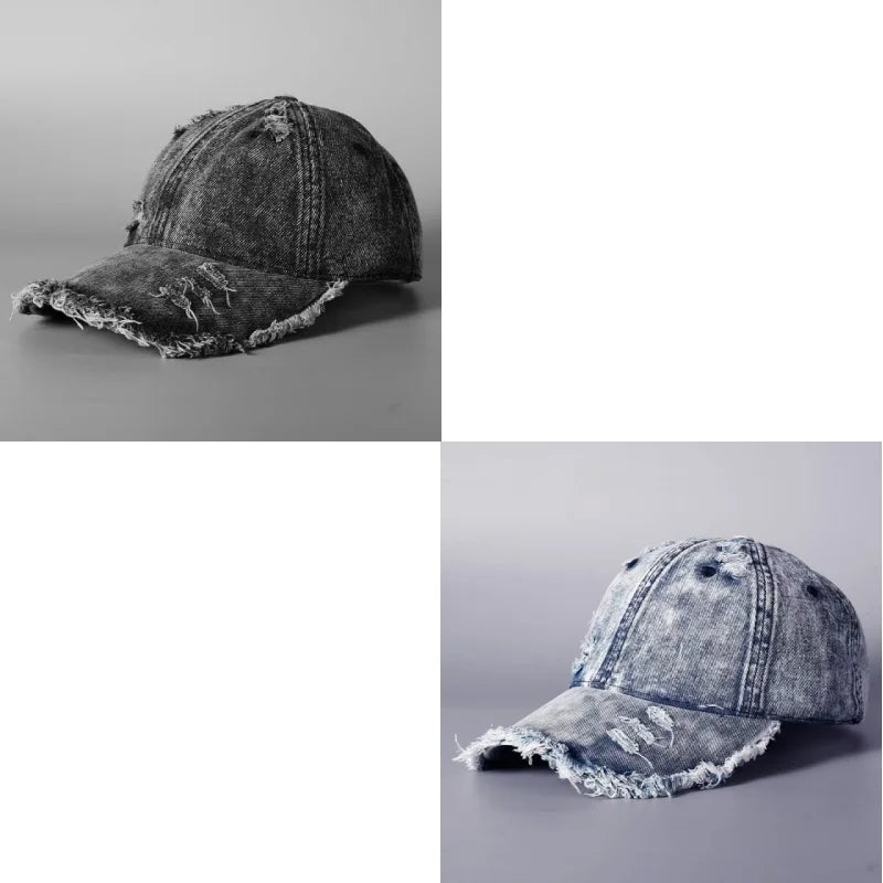 Vintage Washed Denim Baseball Cap with Distressed Frayed Finish for Casual Streetwear Style
