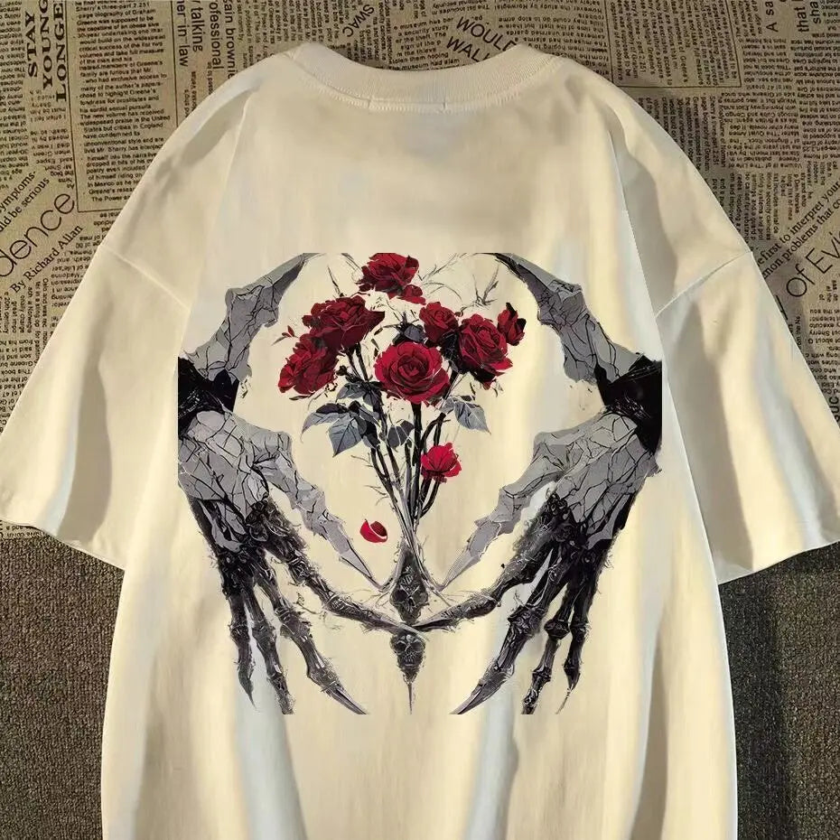 Vintage Skull Graphic Streetwear Cotton T-Shirt With Rose Artwork Design