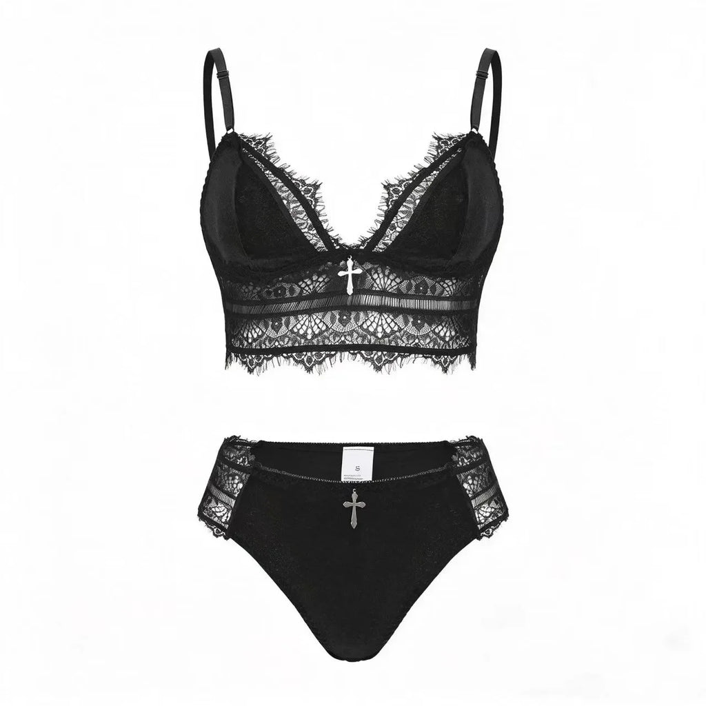 Gothic Black Lace Plunge Bralette Set with Silver Cross Pendants