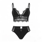 Gothic Black Lace Plunge Bralette Set with Silver Cross Pendants