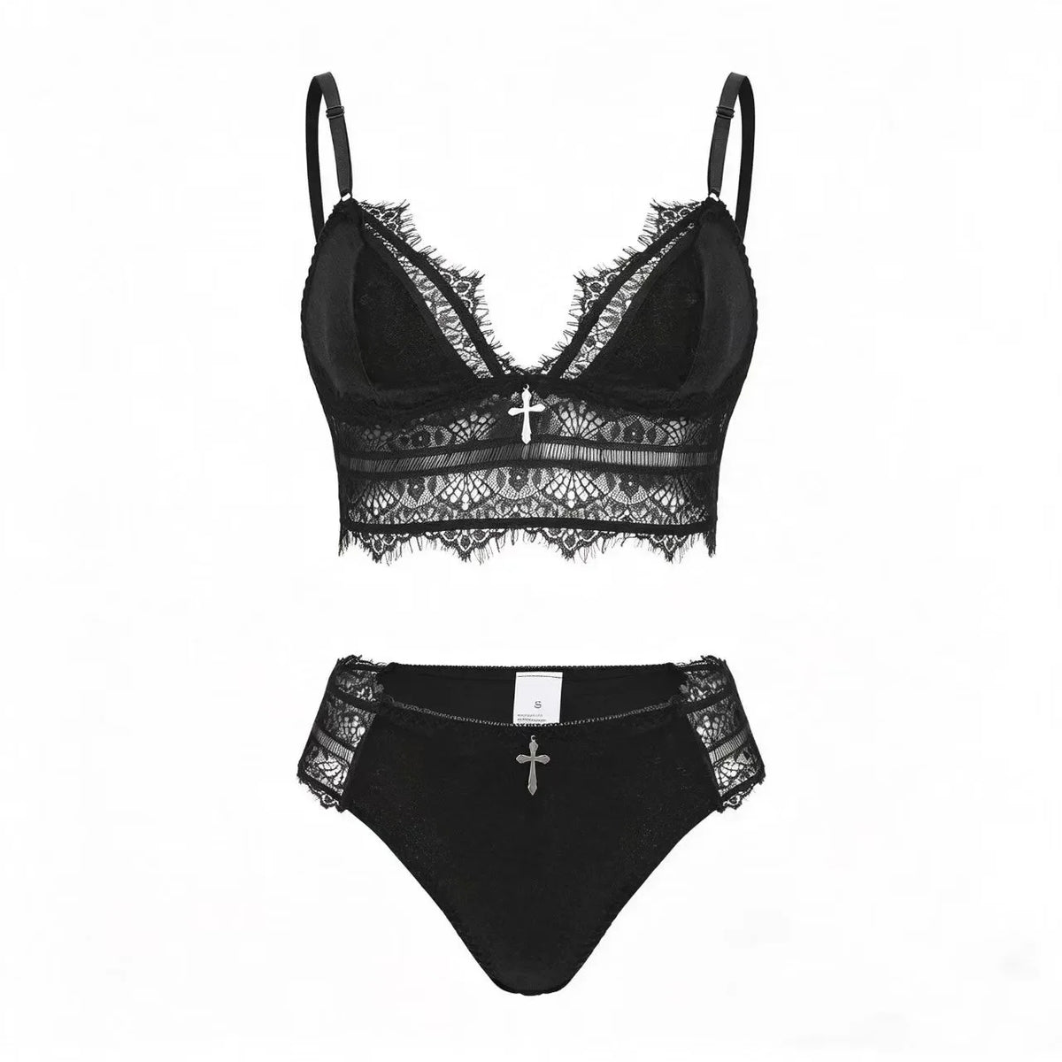 Gothic Black Lace Plunge Bralette Set with Silver Cross Pendants