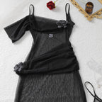 Elegant Black Sheer Asymmetric Maxi Nightgown with 3D Rose Detailing and Matching Thong