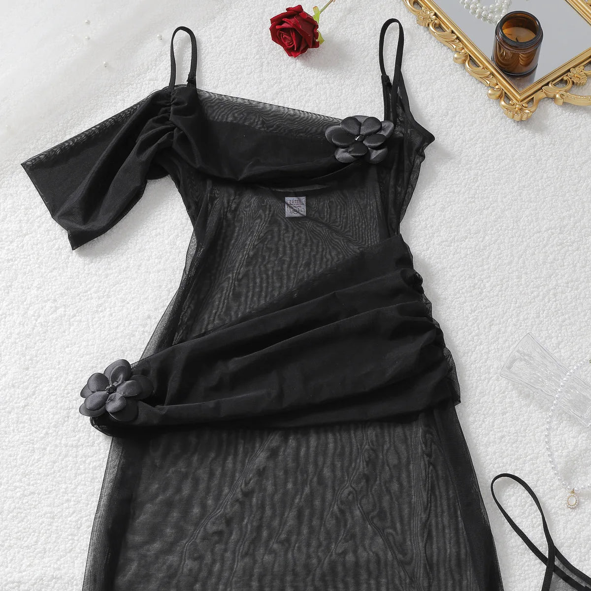 Elegant Black Sheer Asymmetric Maxi Nightgown with 3D Rose Detailing and Matching Thong