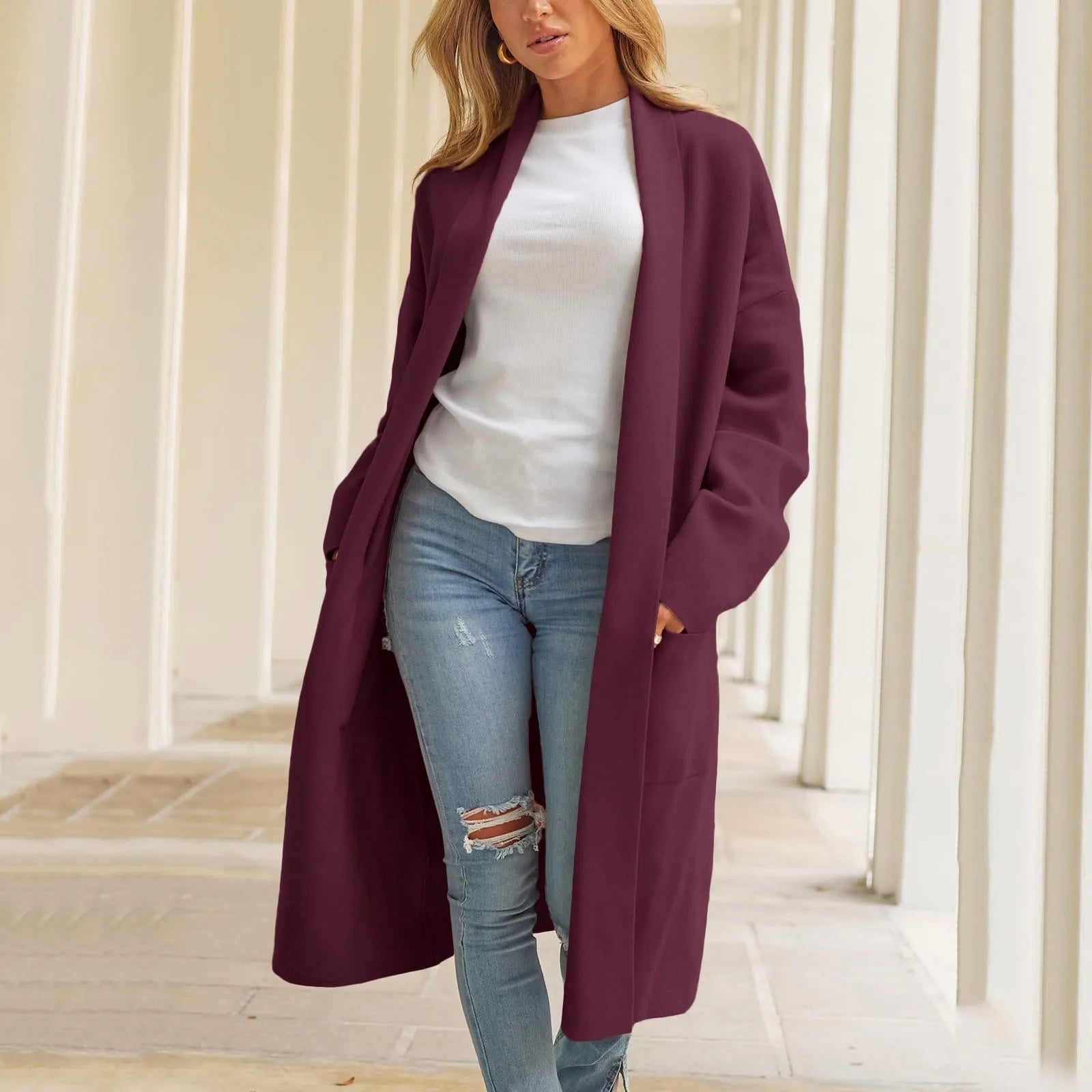 Women's Longline Button Front Knit Cardigan with Lapel Collar and Pocket Detail