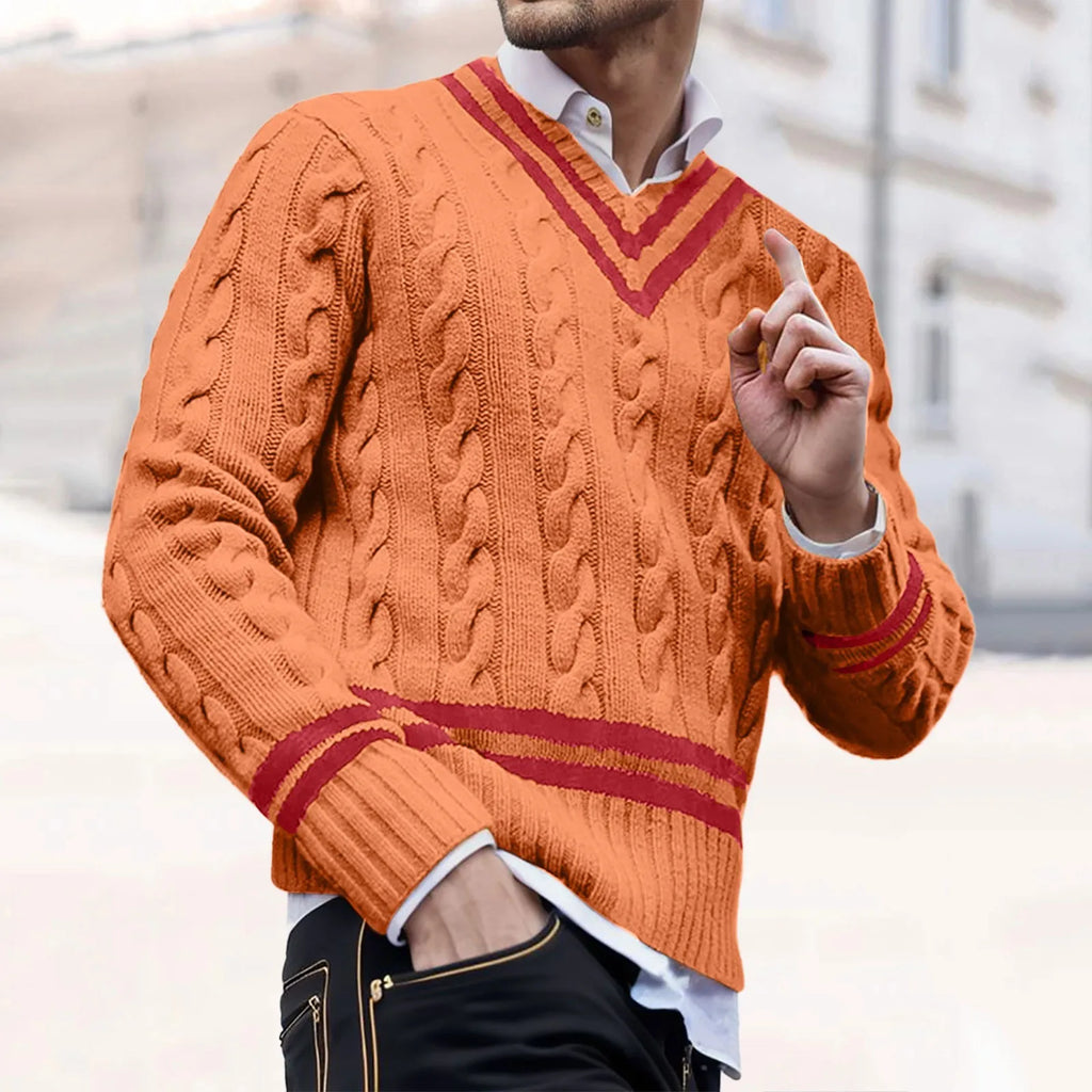 Men's Contrast Trim Cable Knit Relaxed Fit Streetwear Sweater Pullover