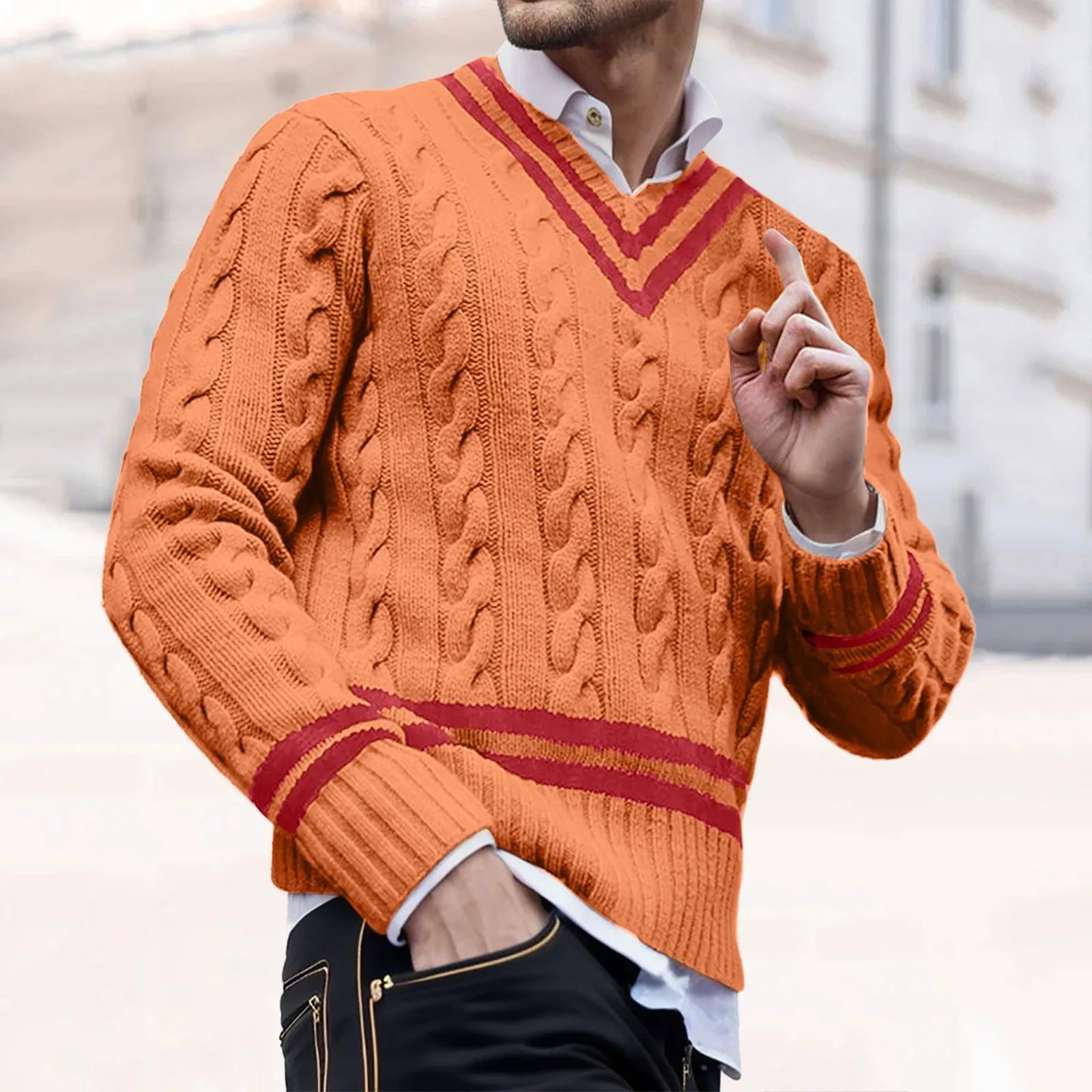 Men's Contrast Trim Cable Knit Relaxed Fit Streetwear Sweater Pullover