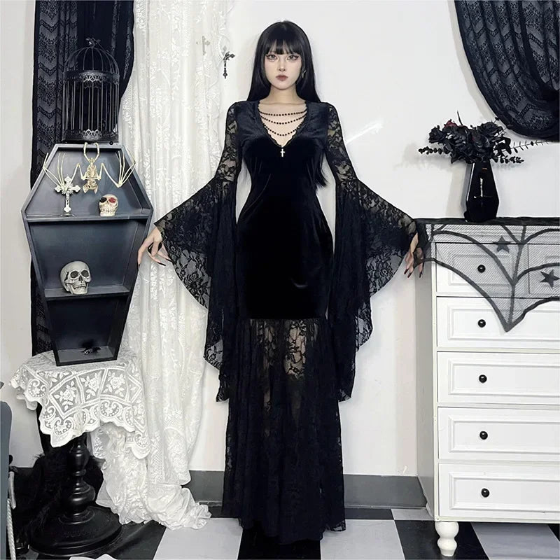 Flowing Gothic Velvet Dress with Dark Alternative Streetwear Elegance