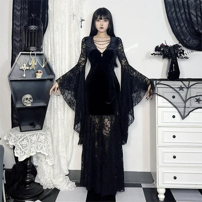 Flowing Gothic Velvet Dress with Dark Alternative Streetwear Elegance